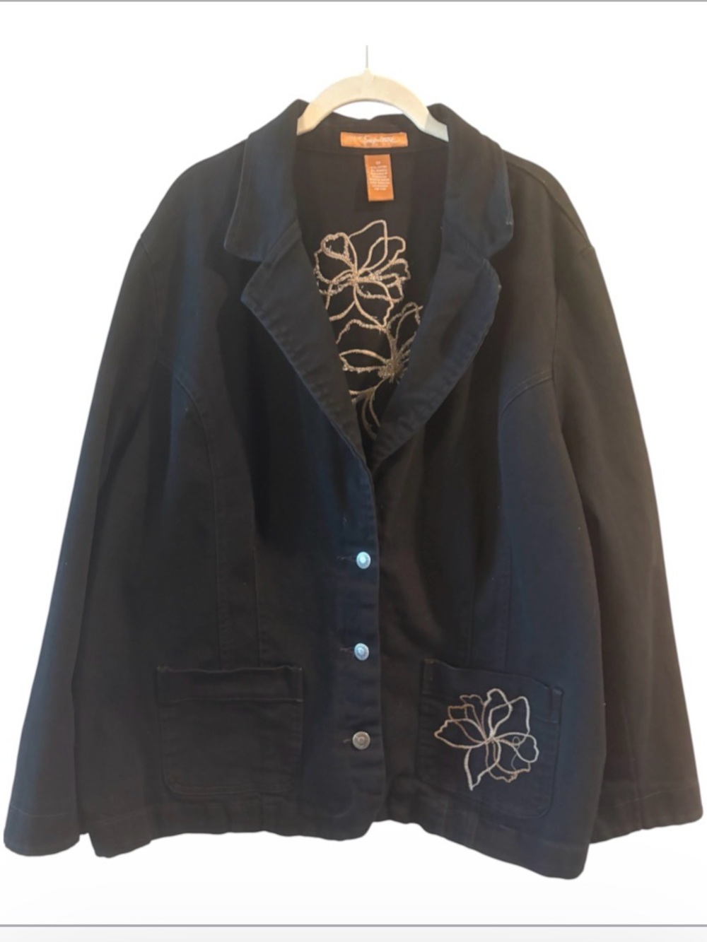 Liz & Me Signature 1X Black Denim Jacket Floral Embroidered Boho